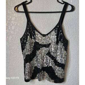 Women Vintage JJ Y2K 00s Sequin Black Silver Blouse Top Sz L Whimsical Clubwear